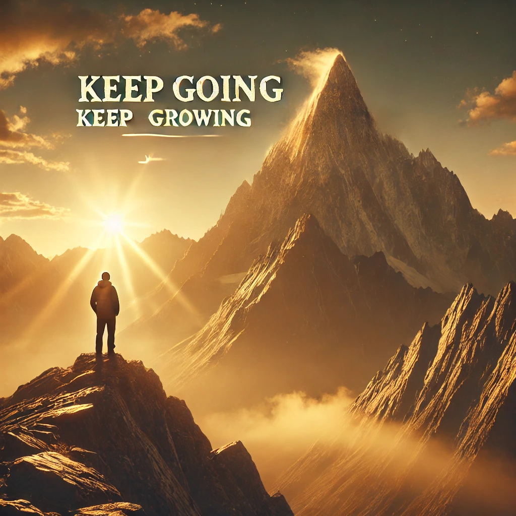 A motivational sunrise over a mountain peak, symbolizing success and perseverance. A person stands at the peak, looking towards the horizon, with the inspiring words 'Keep Going, Keep Growing' elegantly overlaid. The golden hues of the sky create a warm and uplifting atmosphere.
