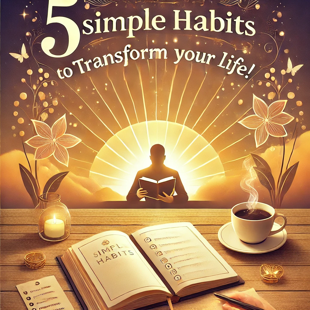 A beautifully illustrated inspirational image featuring the text "5 Simple Habits to Transform Your Life!" at the top. The background has a golden sunrise with a silhouette of a person reading a book, symbolizing personal growth. The foreground showcases an open book titled "Simple Habits," a steaming cup of coffee on a saucer, a lit candle in a glass holder, and a notepad with a pen resting on a wooden table. Delicate flowers, glowing orbs, and butterflies add a serene and uplifting atmosphere to the scene.