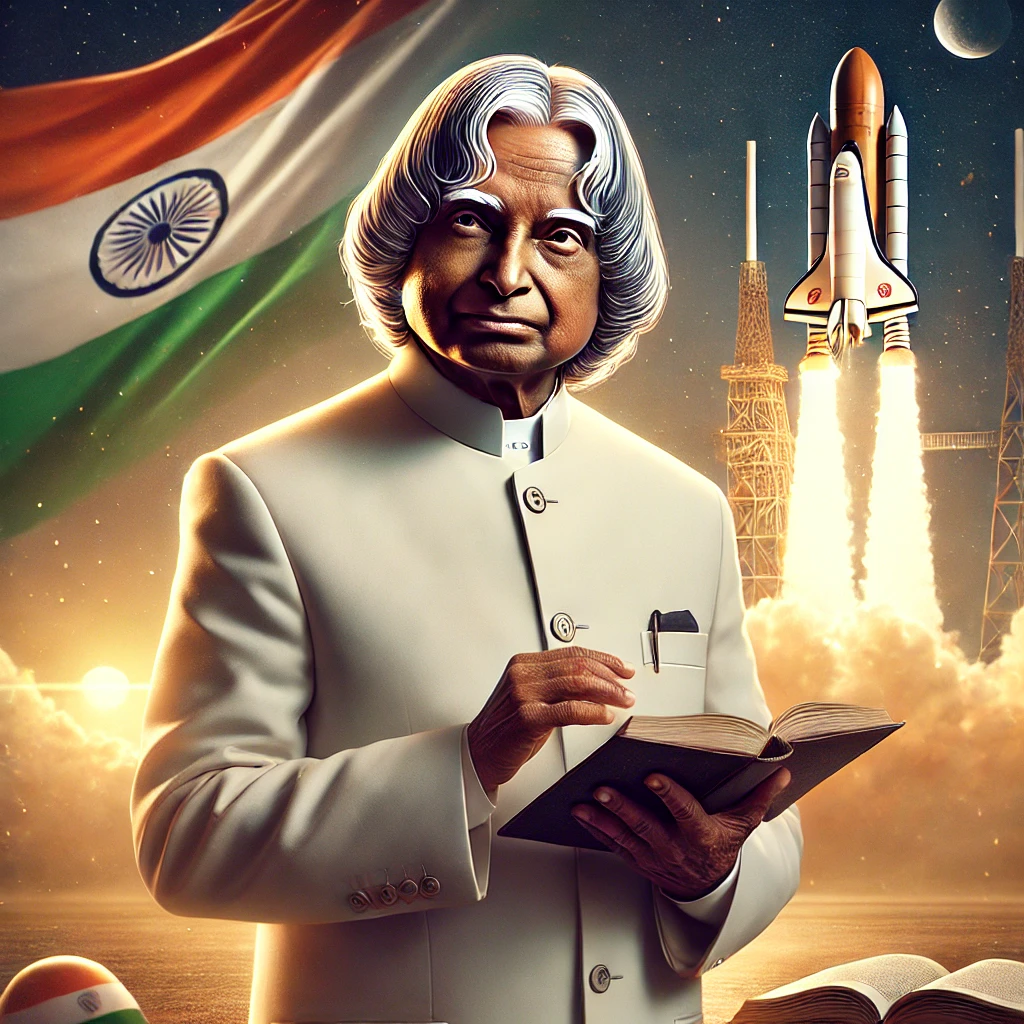 A digital painting of Dr. A.P.J. Abdul Kalam, the former President of India, wearing his signature white suit. He holds an open book, symbolizing his love for knowledge, with a thoughtful expression. The background features a powerful rocket launch, an open book, and the Indian flag waving in the golden sunset sky, representing his contributions to science, education, and India’s space program. The image exudes inspiration and progress.